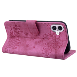 BookCover Hoes Etui voor iPhone 16  -  Roze  - Bloemen Kat - Reliëf
