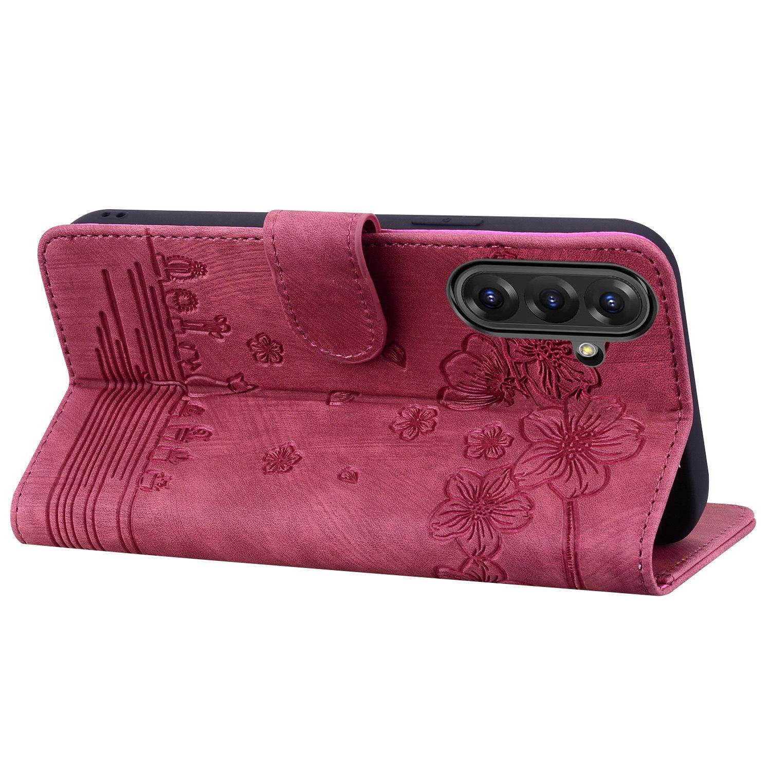 BoekCover Hoes Etui voor Samsung Galaxy A36 - A56  - Rood  - Bloemen Kat - Reliëf