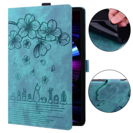 Luxe Bescherm-Etui Hoes Map voor Samsung Galaxy Tab A9 Plus - 11 -    Bloemen en Kat -  Groen