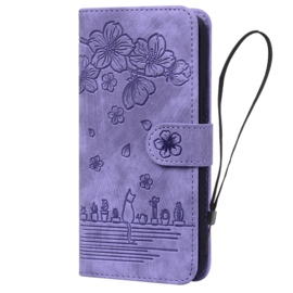 BookCover Hoes Etui voor iPhone 16  -  Paars - Bloemen Kat - Reliëf