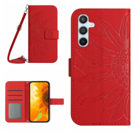 Hoes - Etui - Tas voor Samsung Galaxy S24 FE   Met Schouder - Draagkoord -  Rood -  Zonnebloem Reliëf