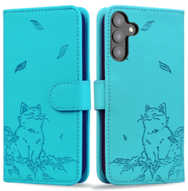 BookCover Hoes Etui voor Samsung Galaxy S24  -  S25 Turquoise  -  Cute Cat - Kat - Reliëf