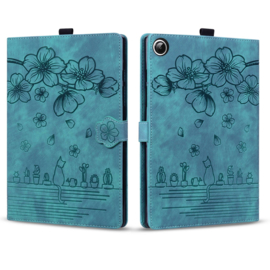 Luxe Bescherm-Etui Hoes Map voor Samsung Galaxy Tab A9 Plus - 11 -    Bloemen en Kat -  Groen