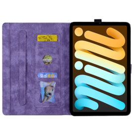 Luxe Bescherm-Etui Hoes Map voor iPad Mini 6 - Mini 7   -    Bloemen en Kat -  Paars