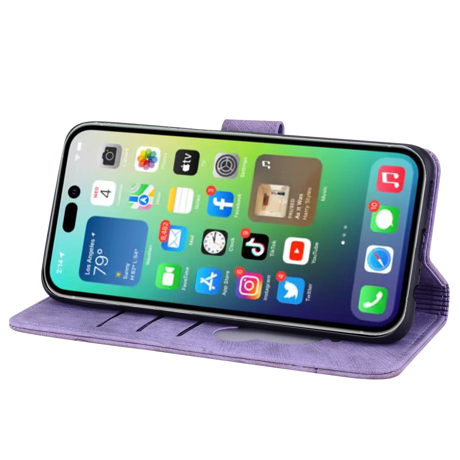BookCover Hoes Etui voor Apple iPhone 16 Pro Max  -  Paars  - Bloemen Kat - Reliëf