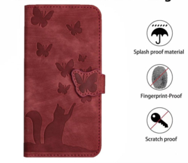BookCover Hoes Etui voor Samsung Galaxy A56 - A36  -  Vlinders en Kat  - Rood  - Reliëf
