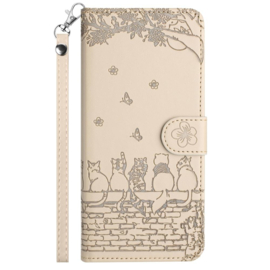 BookCover Hoes Etui voor Samsung Galaxy A57  -  Beige  - Katten op Muurtje - Reliëf