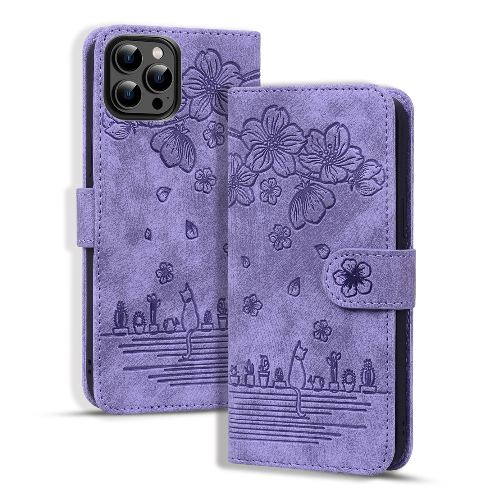 BookCover Hoes Etui voor Apple iPhone 16 Pro Max  -  Paars  - Bloemen Kat - Reliëf