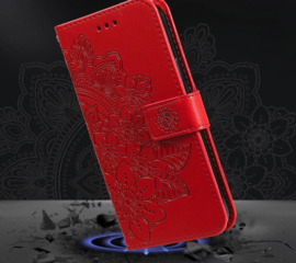 PU BoekCover Hoes Etui voor Samsung Galaxy A37 - A36 - A56   Rood   -  Bloem-Motief in Reliëf - V1