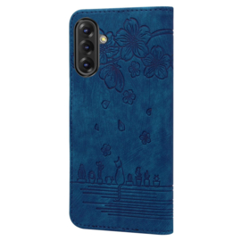 BookCover Hoes Etui voor Samsung Galaxy A36 - A56  -  Blauw - Bloemen Kat - Reliëf