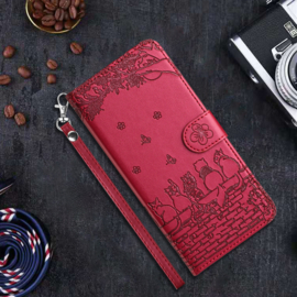 BookCover Hoes Etui voor Apple iPhone 16e  -  Rood  - Katten op muurtje - Reliëf