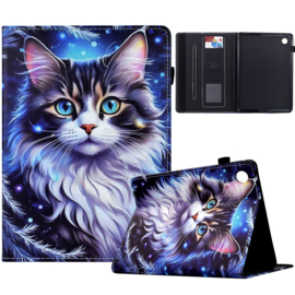 Luxe Bescherm-Etui Hoes Map voor Samsung Galaxy Tab A9 Plus  - 11    "Kat"   Blauw - Wit