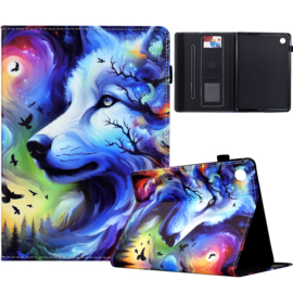 Luxe Bescherm-Etui Hoes Map voor Samsung Galaxy Tab A9 Plus  - 11    "Wolf"   Blauw - Wit
