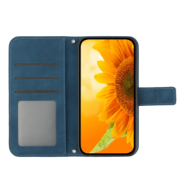 Hoes - Etui - Tas voor Samsung Galaxy A55  - Met Schouder - Draagkoord -  Blauw Zonnebloem Reliëf