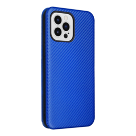 Slim Carbon  Cover Hoes Etui voor iPhone 13 - 14    Blauw - Carbon