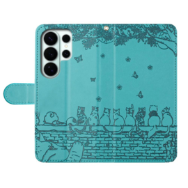 BookCover Hoes Etui voor Samsung Galaxy S26 ULTRA  -  Turquoise  - Katten op Muurtje - Reliëf