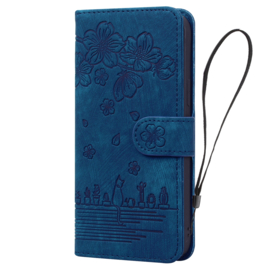 BookCover Hoes Etui voor iPhone 16  -  Blauw  - Bloemen Kat - Reliëf
