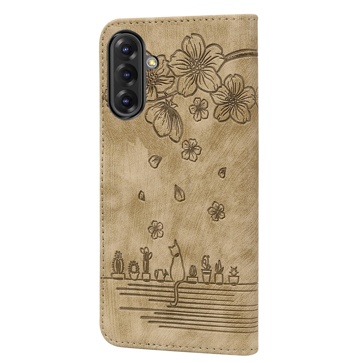 BookCover Hoes Etui voor Samsung Galaxy A36 - A56  -  Beige  - Bloemen Kat - Reliëf