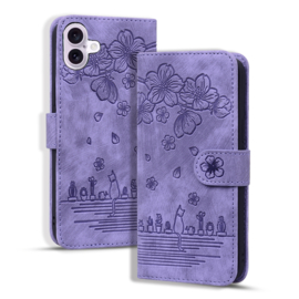 BookCover Hoes Etui voor iPhone 16  -  Paars - Bloemen Kat - Reliëf