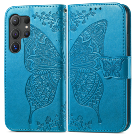 BookCover Hoes Etui voor Samsung Galaxy S25 Ultra  -  Blauw  - Vlinder   -  Reliëf