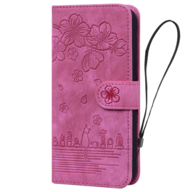 BookCover Hoes Etui voor iPhone 15  -  Roze  - Bloemen Kat - Reliëf