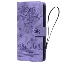 BookCover Hoes Etui voor Apple iPhone 17 PRO -  Paars - Bloemen Kat - Reliëf