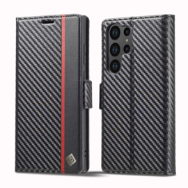 Luxe BookCover Hoes Etui voor Samsung Galaxy S25 Ultra -  Zwart Rood Carbon
