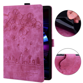Luxe Bescherm-Etui Hoes Map voor Samsung Galaxy Tab A9 Plus - 11 -    Bloemen en Kat -  Roze
