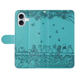 BookCover Hoes Etui voor iPhone 16  -  Turquoise  - Katten op muurtje - Reliëf