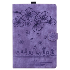 Bescherm-Etui Hoes Map voor Samsung Galaxy Tab S10 FE PLUS - 13.1 - Bloemen en Kat -  Paars