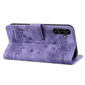 BookCover Hoes Etui voor Samsung Galaxy A55  -  Paars - Bloemen Kat - Reliëf
