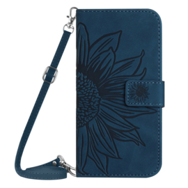 Hoes - Etui - Tas voor Samsung Galaxy A55  - Met Schouder - Draagkoord -  Blauw Zonnebloem Reliëf