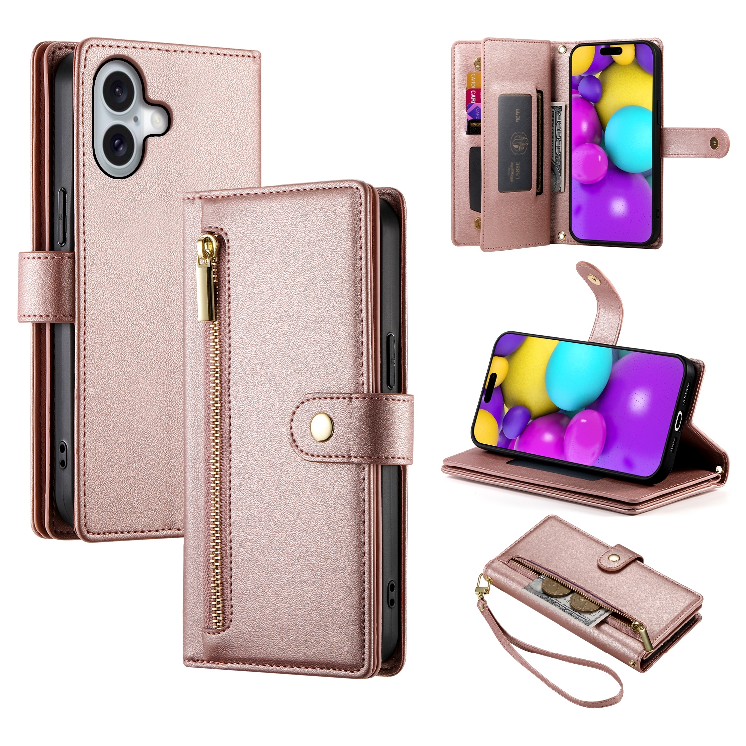 Luxe Portemonnee - Etui  Hoes Tas voor iPhone 16  - Met Schouder - Draagkoord -  Roze