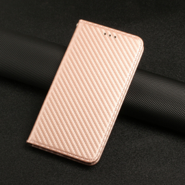 Luxe-Carbon BookCover Hoes Etui voor Samsung Galaxy S24  - S25   Roze-Goud