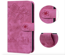 BookCover Hoes Etui voor iPhone SE - iPhone 7 - iPhone 8  -  Roze  - Bloemen Kat - Reliëf