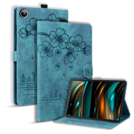 Luxe Bescherm-Etui Hoes Map voor Samsung Galaxy Tab A9 Plus - 11 -    Bloemen en Kat -  Groen
