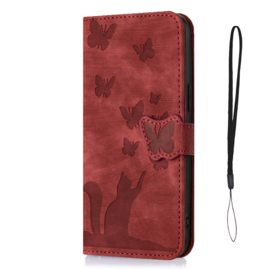 BookCover Etui Hoes voor Samsung Galaxy A15  -  Rood  - Vlinders en Kat - Reliëf