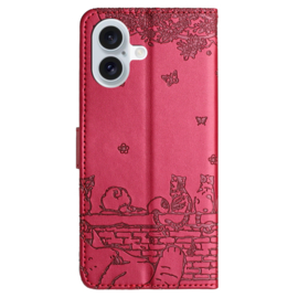 BookCover Hoes Etui voor iPhone 16  -  Rood  - Katten op muurtje - Reliëf