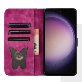 BookCover Etui Hoes voor Samsung Galaxy S24  - S25 Roze - Vlinders en Kat - Reliëf