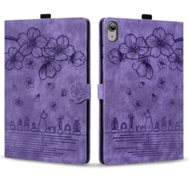 Luxe Bescherm-Etui Hoes Map voor Apple iPad 10 - A16 - 10.9 -       Bloemen en Kat -  Paars