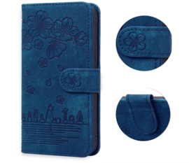 BookCover Hoes Etui voor Samsung Galaxy S24 FE  -  Blauw - Bloemen Kat - Reliëf