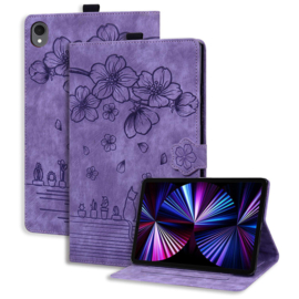 Luxe Bescherm-Etui Hoes Map voor Samsung Galaxy Tab S11  - 11" -    Bloemen en Kat - Paars
