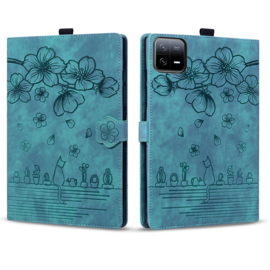 Luxe Bescherm-Etui Hoes Map voor Xiaomi Pad 7 - Pad 7 PRO - Pad 8 - Pad 8 Pro -     Bloemen en Kat -  Groen