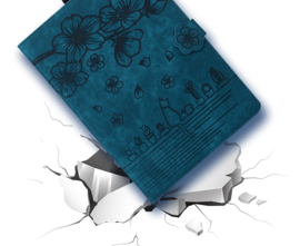 Luxe Bescherm-Etui Hoes Map voor Samsung Galaxy Tab S9 FE - S10 FE - 10.9 -    Bloemen en Kat -  Blauw