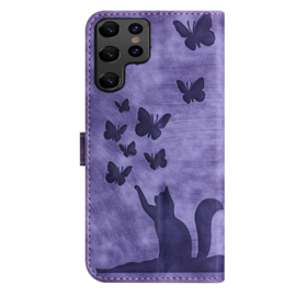 BookCover Etui Hoes voor Samsung Galaxy S25 Ultra  -   Vlinders en Kat - Reliëf  -  Paars