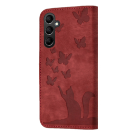 BookCover Etui Hoes voor Samsung Galaxy A15  -  Rood  - Vlinders en Kat - Reliëf