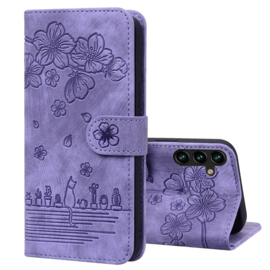 BookCover Hoes Etui voor Samsung Galaxy S24 FE  -  Paars - Bloemen Kat - Reliëf
