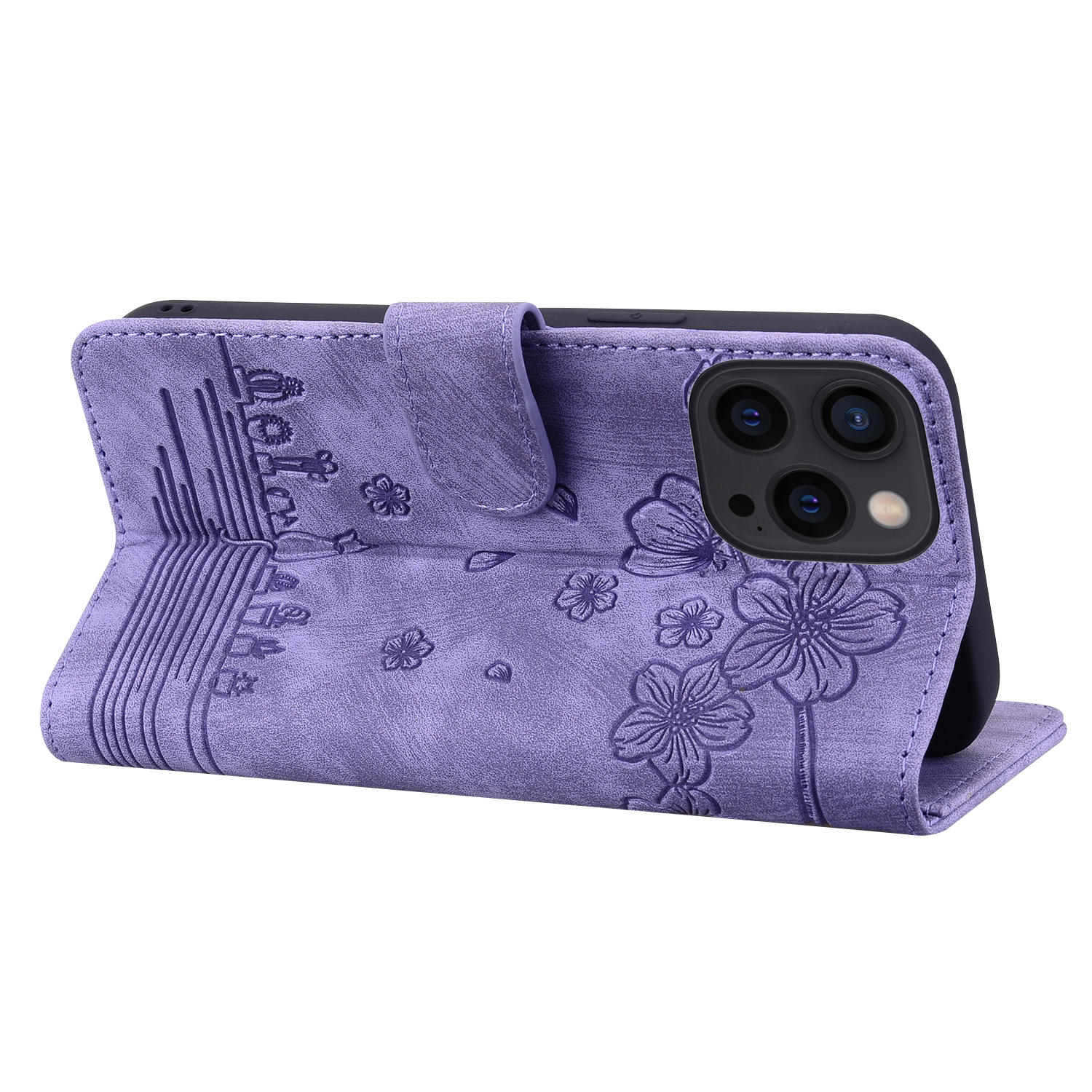 BookCover Hoes Etui voor Apple iPhone 16 Pro Max  -  Paars  - Bloemen Kat - Reliëf