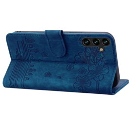 BookCover Hoes Etui voor Samsung Galaxy S24 FE  -  Blauw - Bloemen Kat - Reliëf