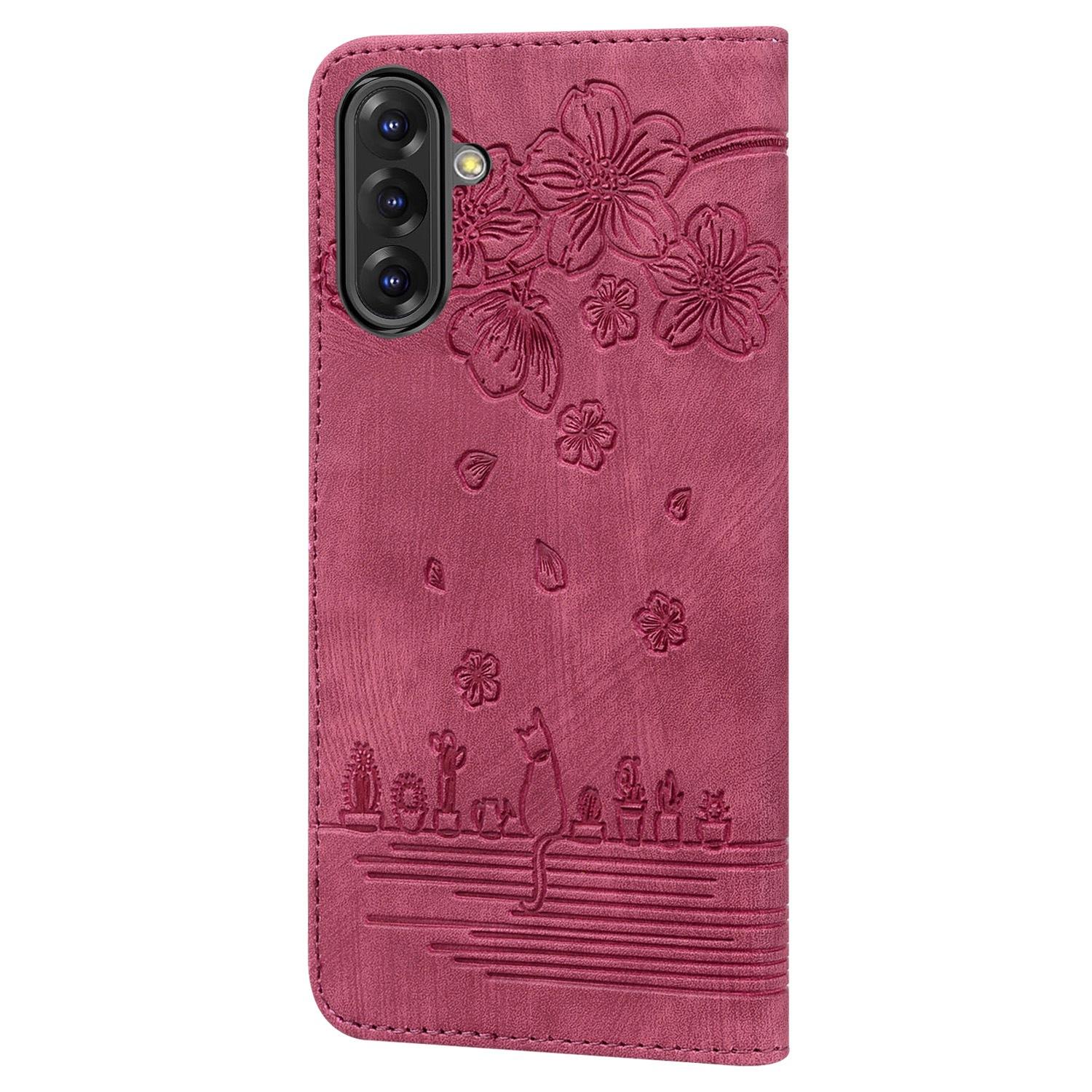 BoekCover Hoes Etui voor Samsung Galaxy A36 - A56  - Rood  - Bloemen Kat - Reliëf